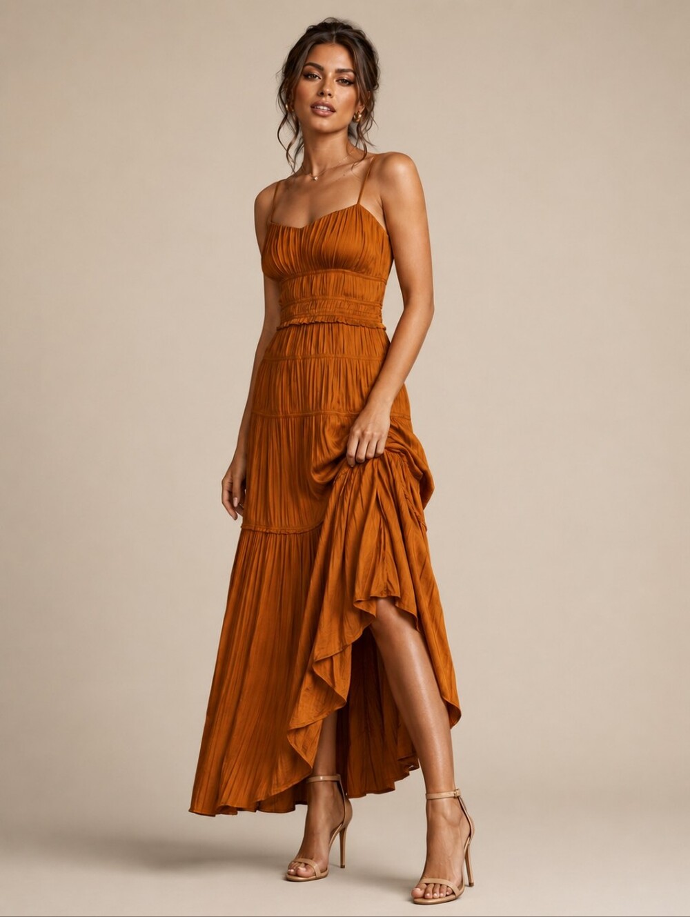 Anthropologie Ruched Satin Slip Midi Dress In Brown Size XS/0